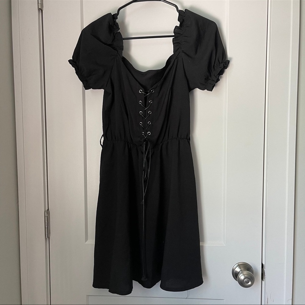 Black Corset Lace Up Mini Dress Puff Sleeve Cottagecore Coquette Babydoll Dress